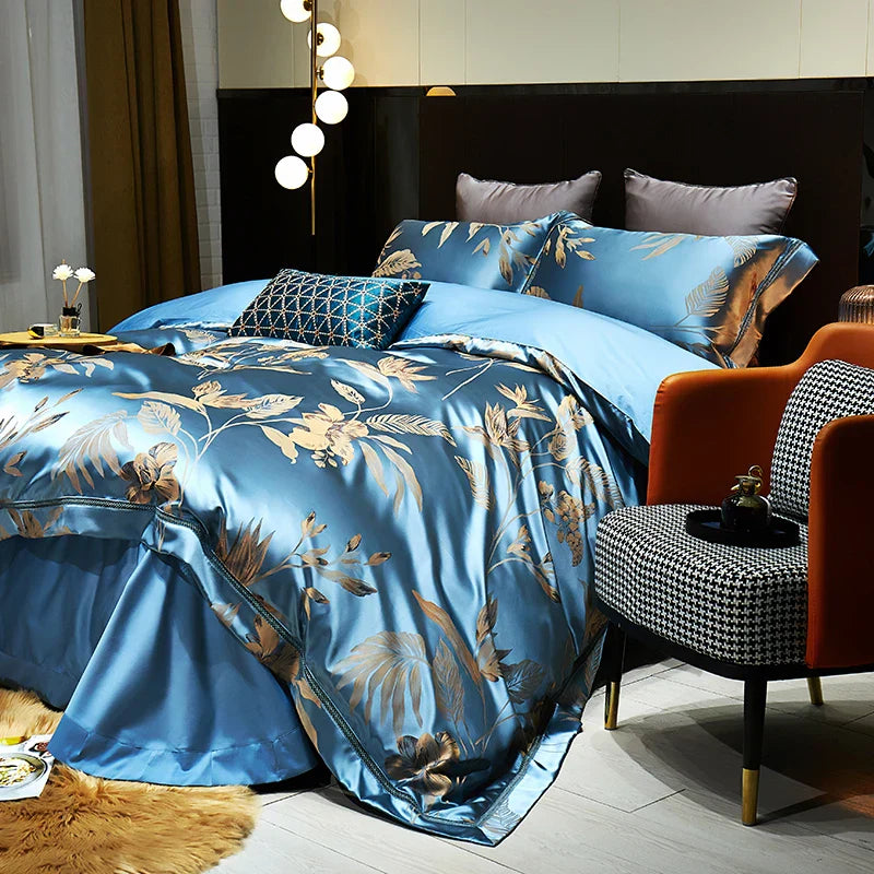 DecorBites™ Gold Leaves Jacquard Cotton Bedding Set with Smooth Egyptian Cotton Duvet Cover