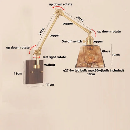 DecorBites™ Cube Glass LED Wall Sconce Walnut Wood 2 Arms Rotatable Mirror Light