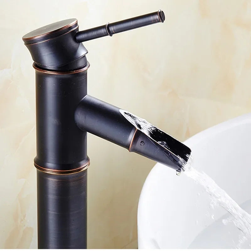 Decorbites™ Schwarze Bronze Wasserfallarmatur Bambus Badezimmer Waschtischarmatur Hoher Bogen Mischer