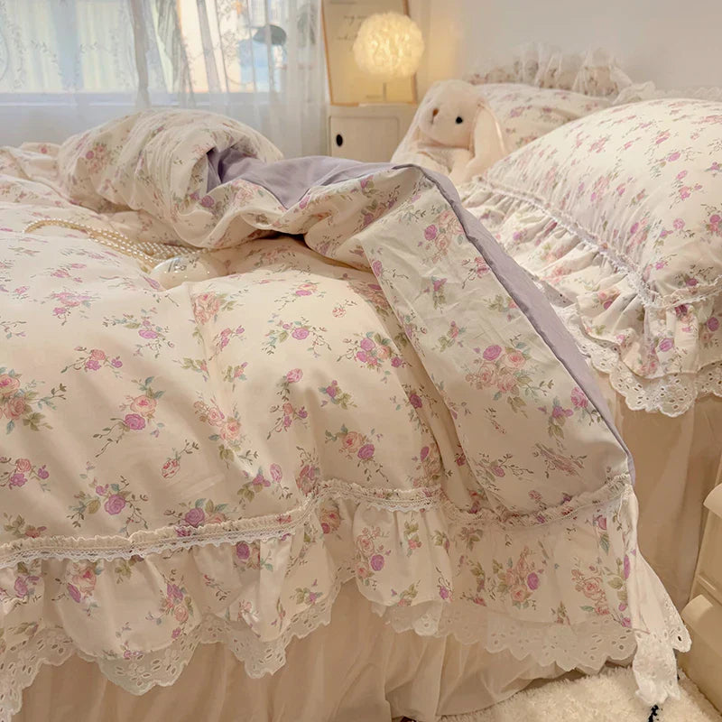 Decorbites™ Koreanische Prinzessin-Stil Blumen-Spitzen-Volants-Bettwäsche-Set mit Kissenbezug