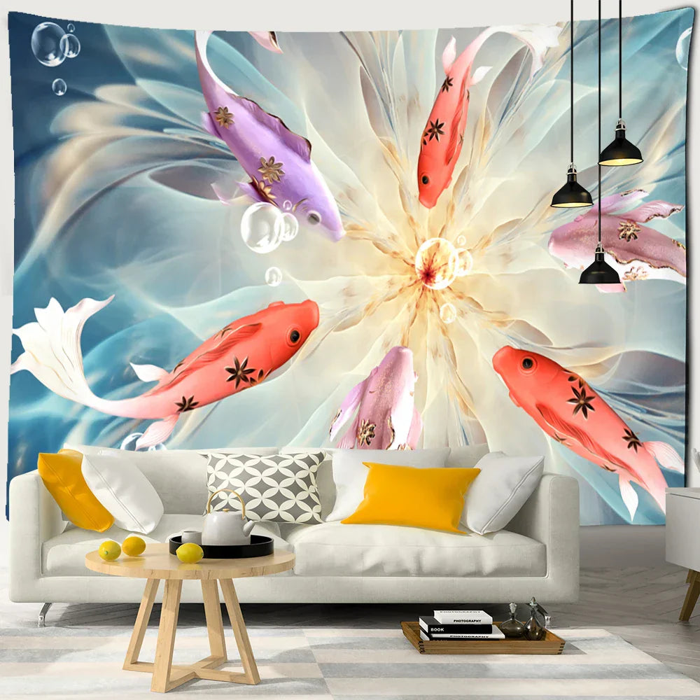 Decorbites™ Tintenlotus-Koi-Gobelin: Boho-Ästhetik Psychedelische Raumkunst Hippie-Dekoration