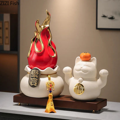 Decorbites™ Vergoldete Drachenfrucht-Katze Keramik Feng-Shui-Ornament Landschaftsdekoration