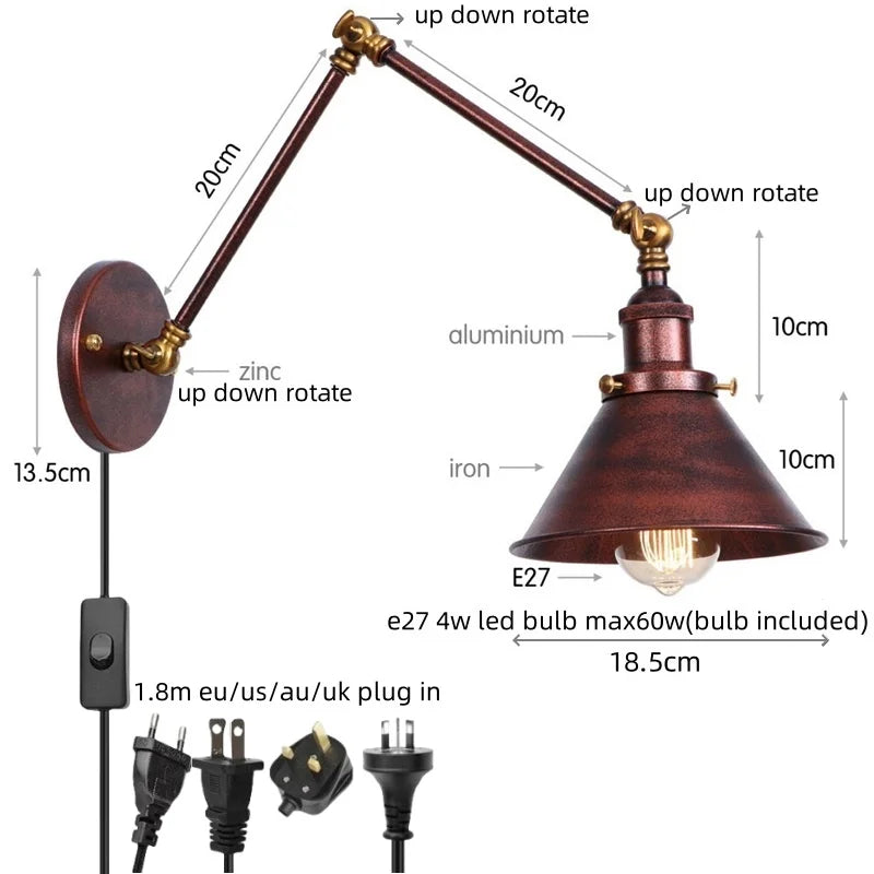 Decorbites™ Eisen LED Wandlampe mit Zugschalter Industrie Vintage Loft Treppenbeleuchtung