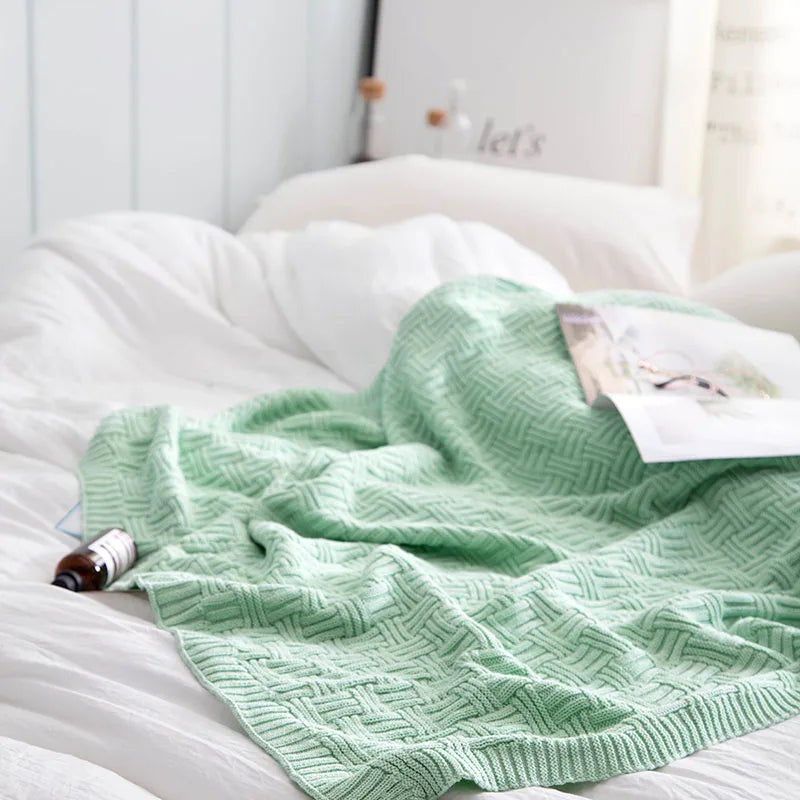 DecorBites™ Cozy Jacquard Blanket: 100% Cotton Solid Color Knitted Shawl for Office or Home