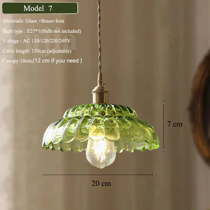 Vintage Green Glass Pendant Light With Brass Finish
