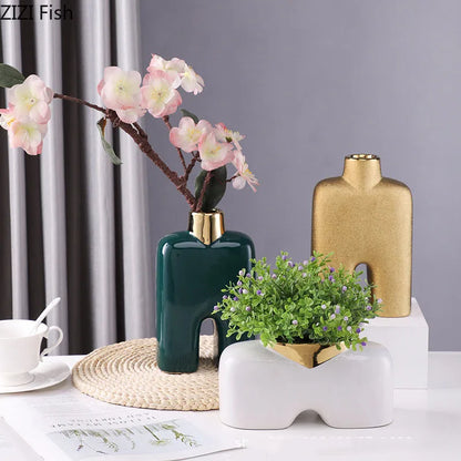 Decorbites™ Goldene Keramikvase Schreibtischdekoration Künstliche Blumenarrangement Ästhetische Raumvase