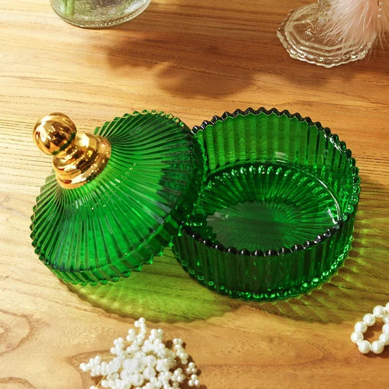 Decorbites™ Grünes gestreiftes Glasgefäß mit Deckel, Aufbewahrungsgefäß für kleine Gegenstände und Schmuck