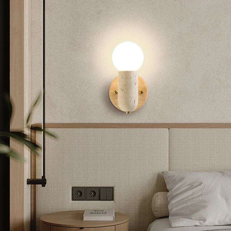 DecorBites™ LED Wall Sconce Pull Chain Switch Modern Wood Yellow Travertine Stair Light