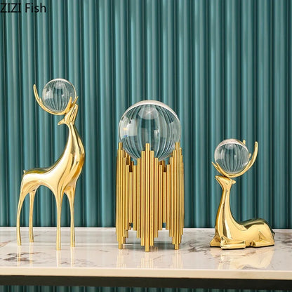 DecorBites™ Golden Deer Crystal Ball Antler Sculpture - Room Decor