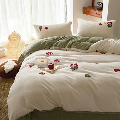 DecorBites™ Embroidered Fleece Winter Bedding Set: Duvet Cover, Sheet, Quilt, Pillowcases