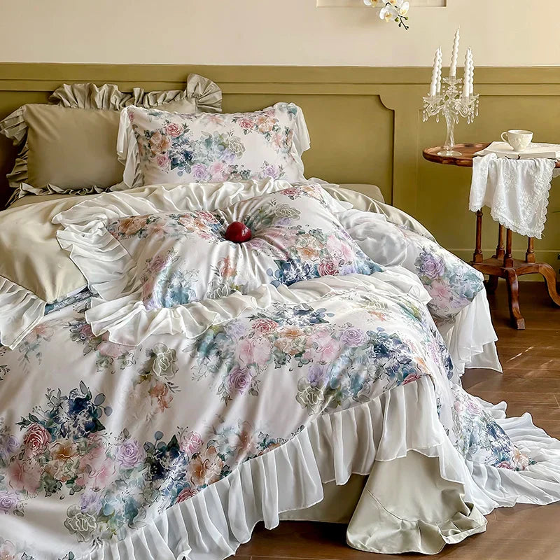 Decorbites™ Französische Blumen-Spitzen-Volants-Prinzessinnen-Bettwäsche-Set aus 1000TC ägyptischer Baumwolle