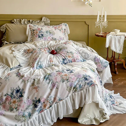 Decorbites™ Französische Blumen-Spitzen-Volants-Prinzessinnen-Bettwäsche-Set aus 1000TC ägyptischer Baumwolle