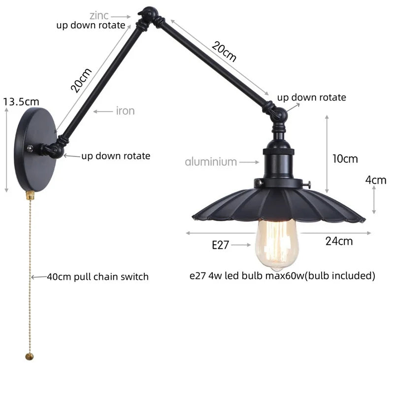 DecorBites™ Gold Industrial LED Wall Lamp with Pull Chain Switch for Home Decor