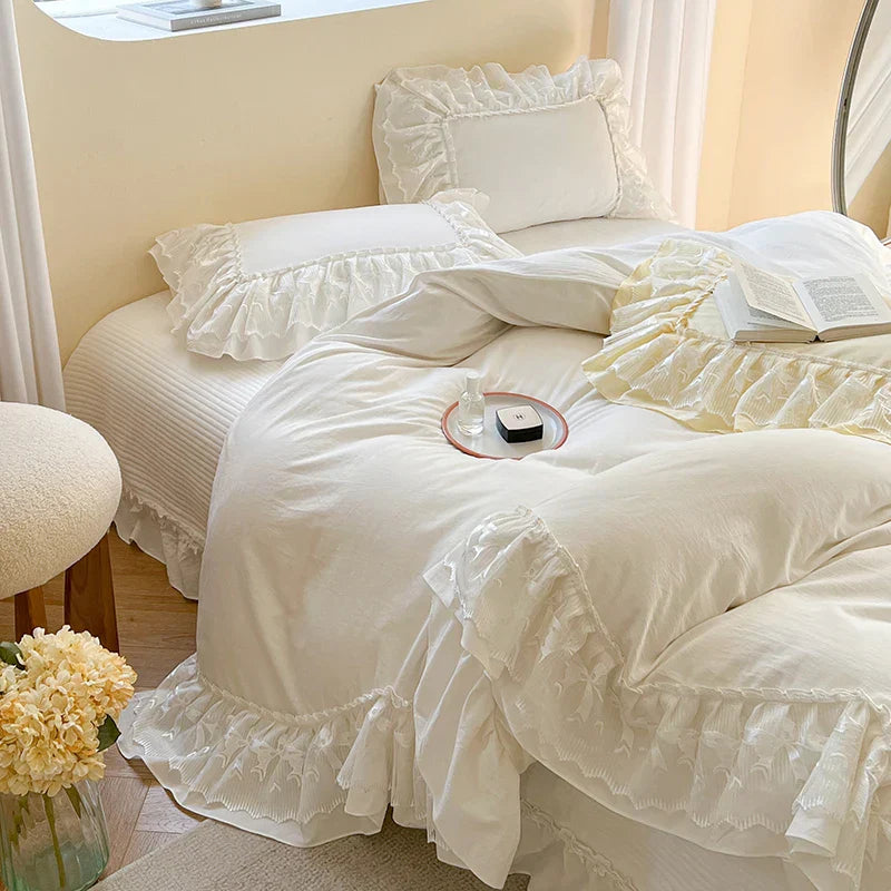Decorbites™ Spitzen-Volants-Bettwäsche-Set in Perlmutt-Weiß Creme Gelb Prinzessin-Baumwolle