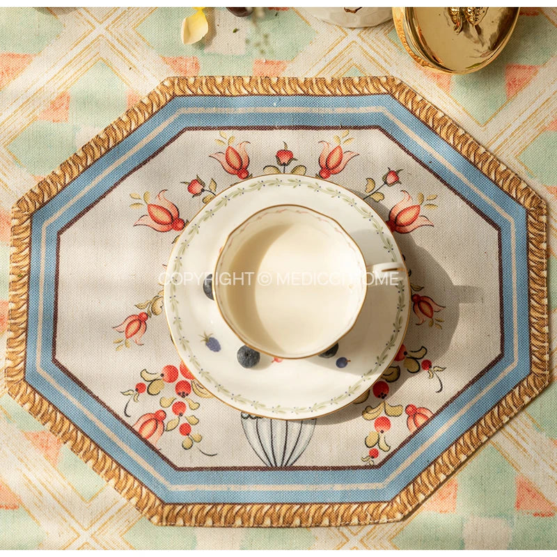 Decorbites™ Barock-Blumen-Fransen-Placemat-Set – Luxuriöse Baumwoll-Leinen-Retro-Sechseck-Tischsets