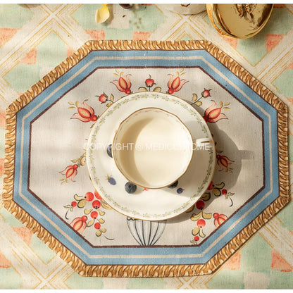 Decorbites™ Barock-Blumen-Fransen-Placemat-Set – Luxuriöse Baumwoll-Leinen-Retro-Sechseck-Tischsets