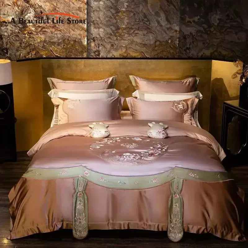 Decorbites™ Elegantes Blumenstickerei-Brokat-Baumwoll-Bettwäsche-Set – Bettbezug, Laken, Kissenbezüge