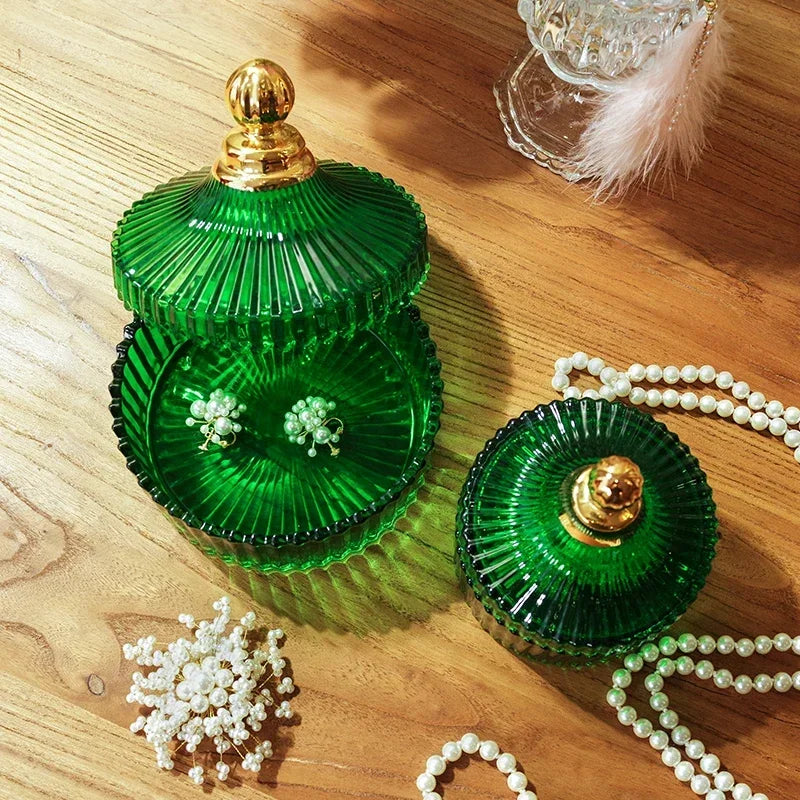 Decorbites™ Grünes gestreiftes Glasgefäß mit Deckel, Aufbewahrungsgefäß für kleine Gegenstände und Schmuck