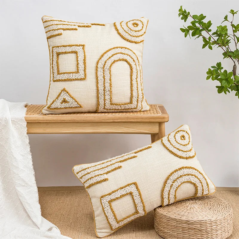 DecorBites™ Geometric Tufted Cotton Canvas Embroidered Pillow Covers for Home Decor