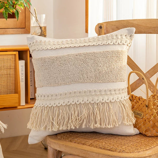 Decorbites™ Geometrisches Tufted-Kissenbezug mit handgefertigten Troddeln & Patchwork