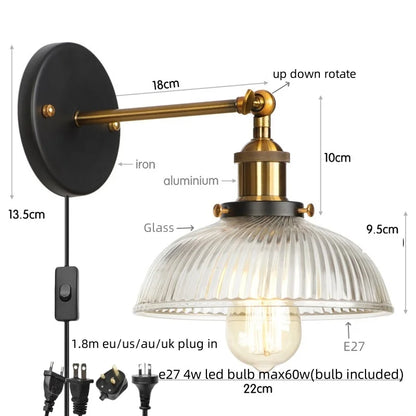 Decorbites™ Glas-Industrie-LED-Wandleuchte mit Zugschalter, Vintage-Nachttischlampe