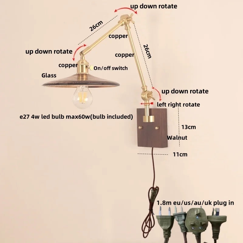 DecorBites™ Cube Glass LED Wall Sconce Walnut Wood 2 Arms Rotatable Mirror Light