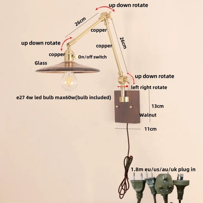DecorBites™ Cube Glass LED Wall Sconce Walnut Wood 2 Arms Rotatable Mirror Light