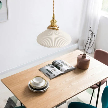 Japanese Ceramic Pendant Light in White and Bronze