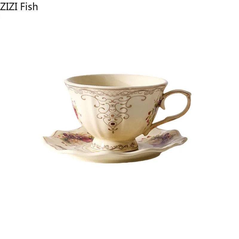 DecorBites™ Lace Edge Flower Ceramic Cup & Saucer Set - Gold-plated Teacup for Dining Table