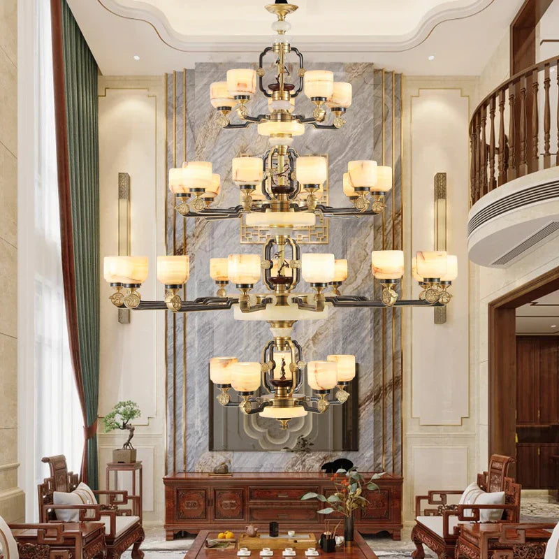 DecorBites™ Copper Jade Duplex Chandelier: Chinese Villa Hall Lighting for Hotel Lobby & Living Room