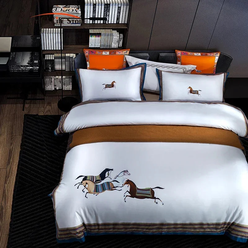 Decorbites™ Galoppierendes Pferd Luxus-Bettwäsche-Set 1400TC Ägyptische Baumwolle Daunenbettbezug Laken Kissenbezüge