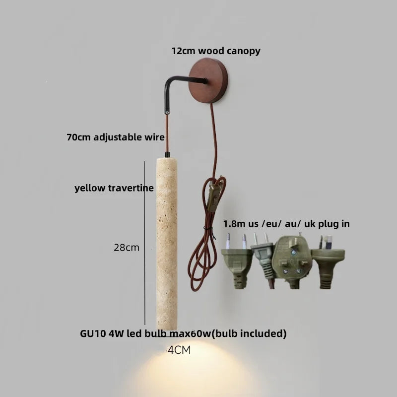 DecorBites™ LED Wall Lamp Pull Chain Switch Wood Nordic Modern Yellow Travertine Mirror Light