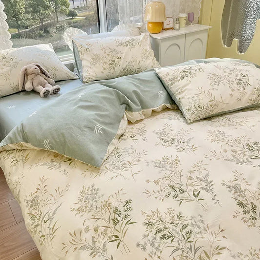 DecorBites™ Double-Sided Floral Print Cotton Bedding Set - Queen Size Soft Duvet Cover Set