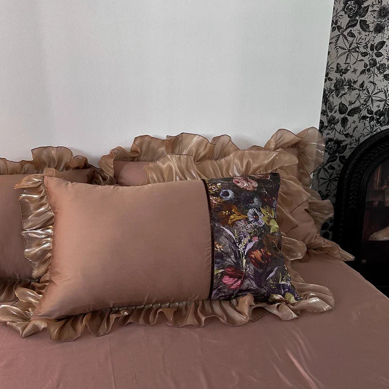 DecorBites™ French Organza Lace Ruffles Bedding Set, Egyptian Cotton Duvet, Sheets & Pillowcases