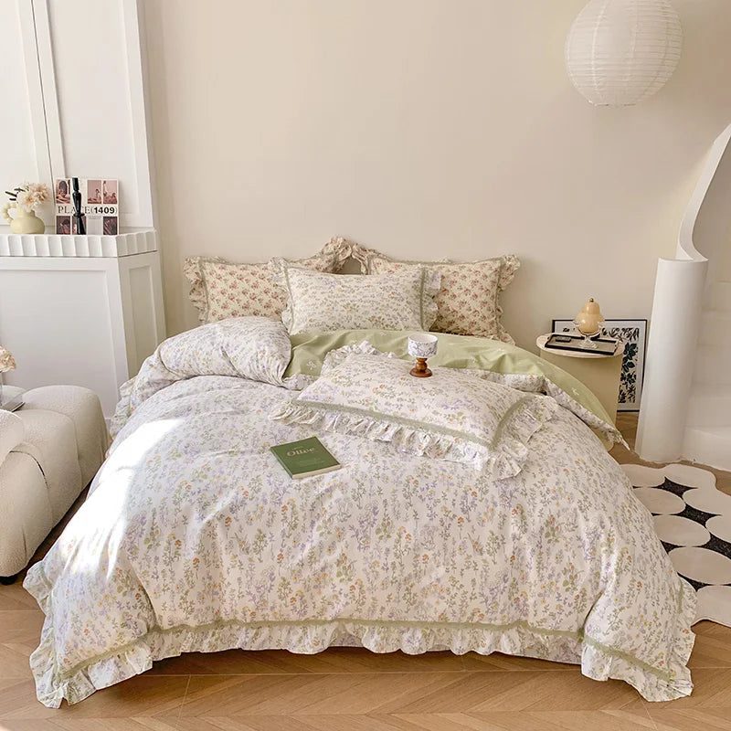 Decorbites™ Französisches Blumenbettwäsche-Set, 100% Baumwolle, Rüschen, Daunendeckelbezug, Bettlaken, Kissenbezüge