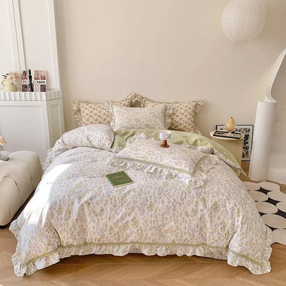 Decorbites™ Französisches Blumenbettwäsche-Set, 100% Baumwolle, Rüschen, Daunendeckelbezug, Bettlaken, Kissenbezüge