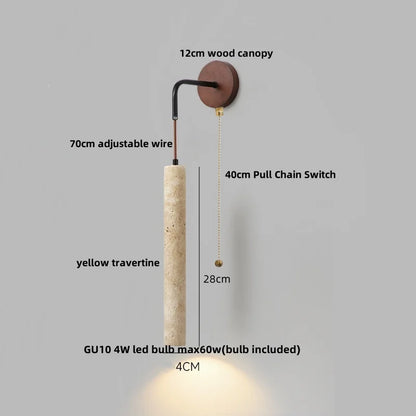 DecorBites™ LED Wall Lamp Pull Chain Switch Wood Nordic Modern Yellow Travertine Mirror Light