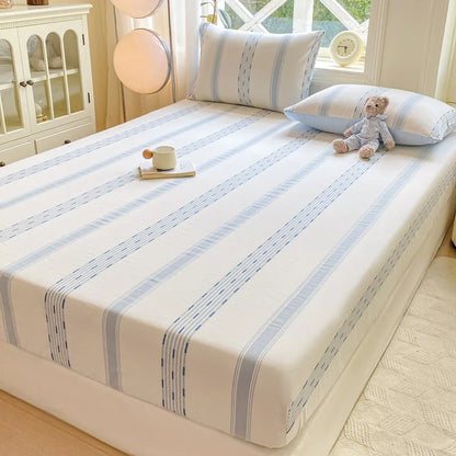 DecorBites™ Cotton Jacquard Fitted Sheet Set with 2 Pillowcases, Dustproof & Anti-Slip