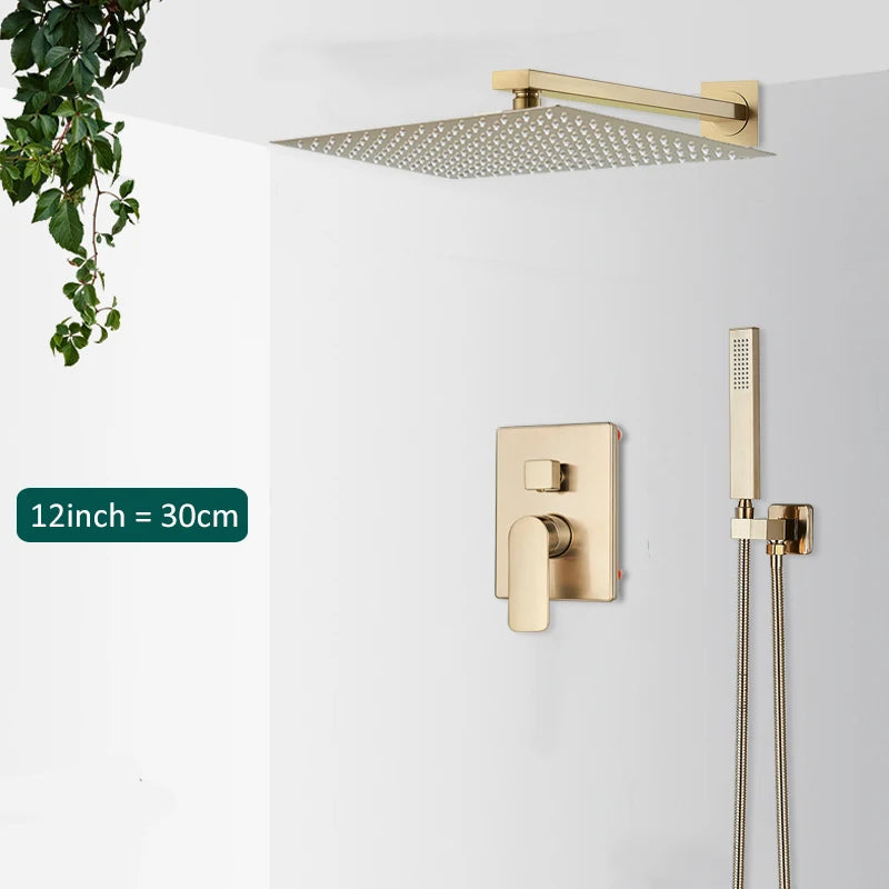 Quyanre Brushed Gold Shower Faucets Set Bathroom Wall Mounted Shower System Embedded Box Shower Mixer Tap Rainfall Shower Faucet