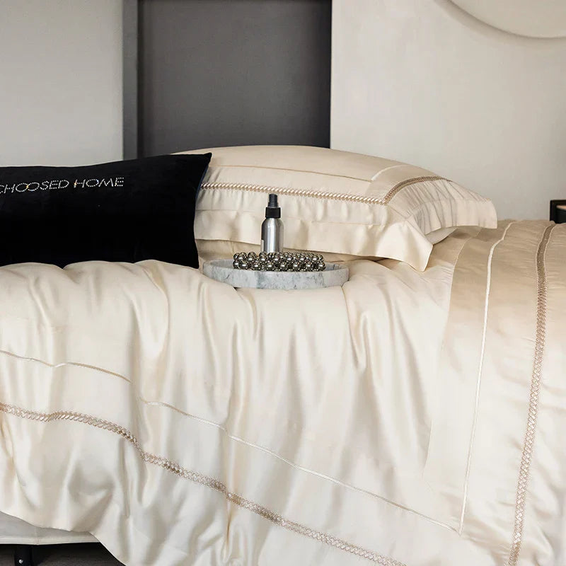 DecorBites™ Light Champagne Luxury Embroidery Bedding Set with 1000TC Egyptian Cotton - 4Pcs