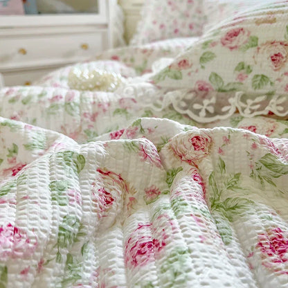 Decorbites™ Französische Spitzen-Volants-Seersucker-Bettset: 4-Tlg. Prinzessinnen-Bettwäsche Quiltbezug