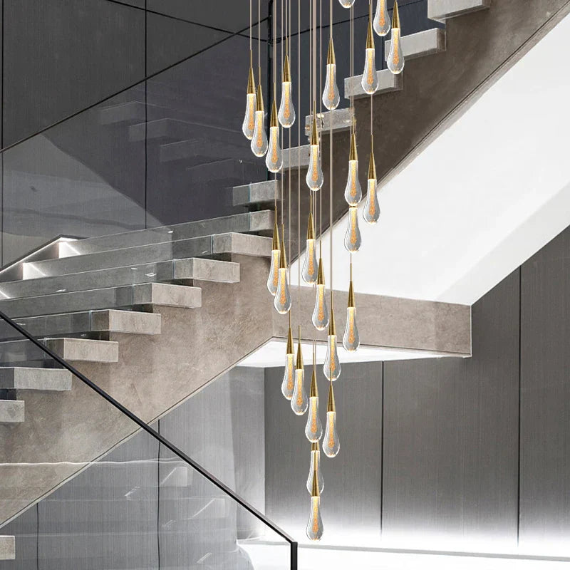 Decorbites™ Kristall-Tropfen-Kronleuchter: Goldene LED-Hängeleuchte für Villentreppenhaus und Wohnzimmer