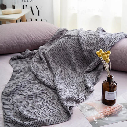 DecorBites™ Cozy Jacquard Blanket: 100% Cotton Solid Color Knitted Shawl for Office or Home