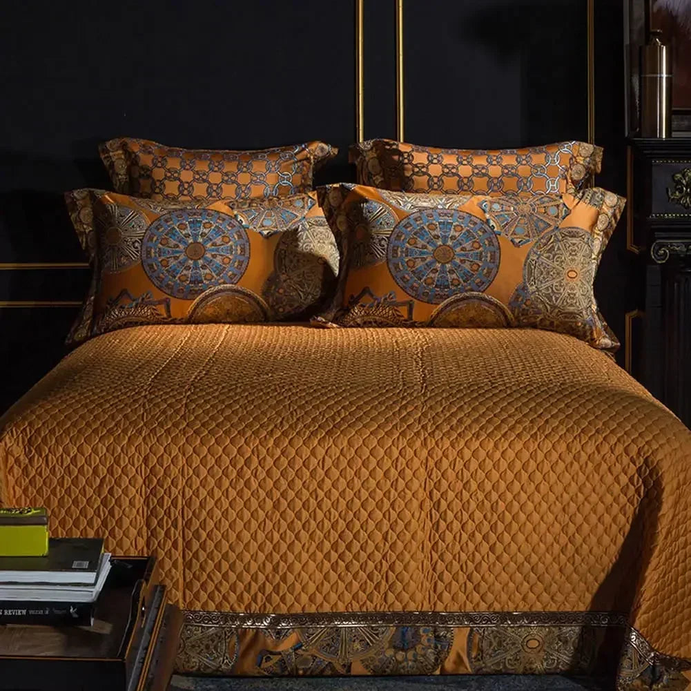 DecorBites™ Golden Jacquard Baroque Bedding Set Queen King Size Linens - Sheet Pillowcase Comforter Cover