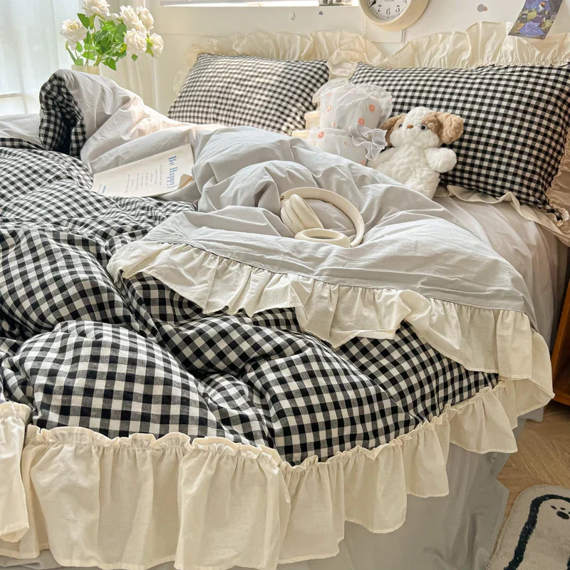 Decorbites™ Koreanische Prinzessinnen-Stil Baumwoll-Bettwäsche-Set mit Rüschen und Spitze
