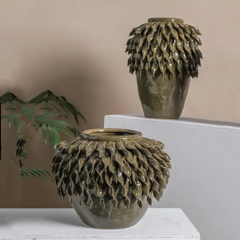Decorbites™ Blattrelief-Keramikvase: Handgefertigter 3D-Blumenarrangement-Topf