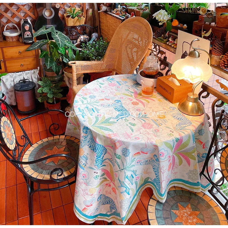 DecorBites™ Jungle Vibes Tablecloth: Tiger Plants & Pagoda Print for Kitchen Garden