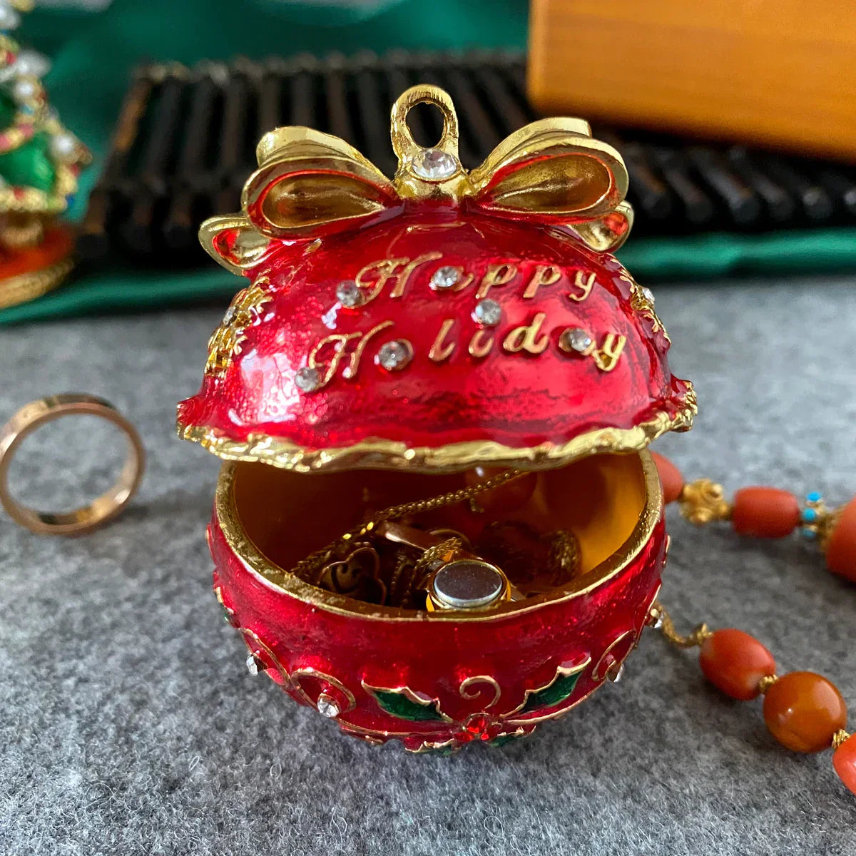 Decorbites™ Jingle Bell Schmuckschatulle mit Kristallen, handbemalt, Weihnachtsbaum-Dekoration