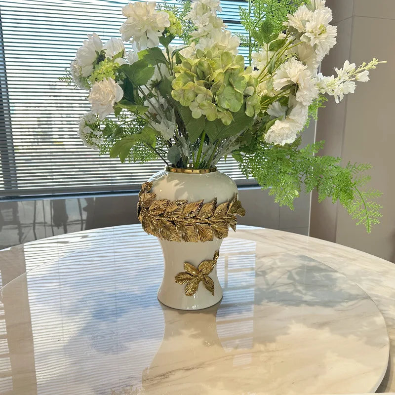 Decorbites™ Goldene Blätter Keramik Blumentopf mit handgeprägten Blumen für Blumenarrangements