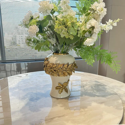 Decorbites™ Goldene Blätter Keramik Blumentopf mit handgeprägten Blumen für Blumenarrangements